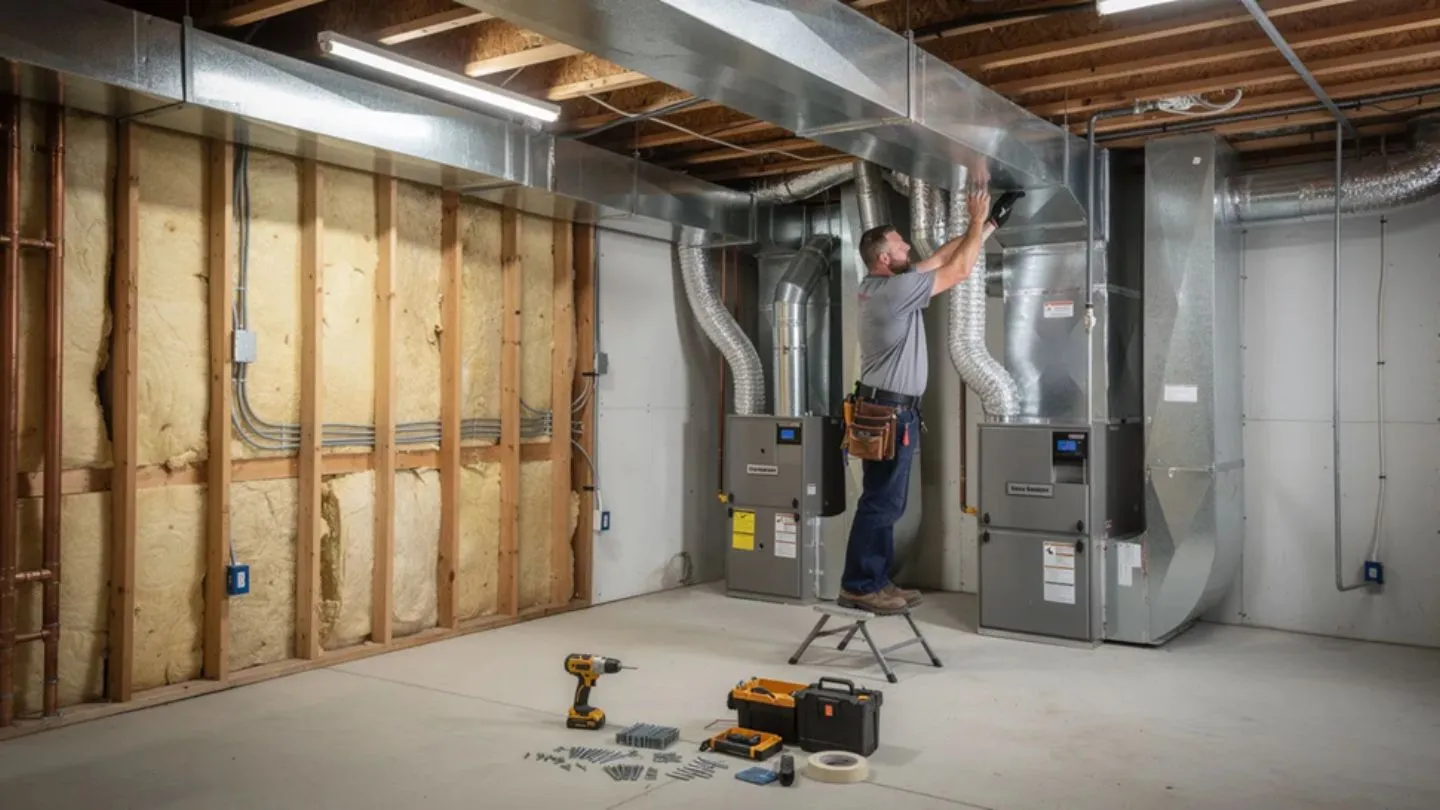 Technician installing new furnaces and connecting ductwork in a Dallas home's basement mechanical room