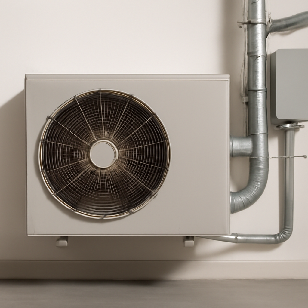 Close-up of a new high-efficiency outdoor AC condenser unit installed against a Dallas home's exterior wall
